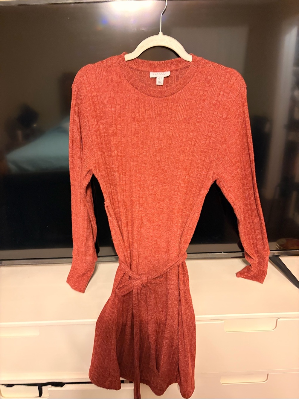 Topshop Ribbed Long Sleeve Tie-Waist Dress in Rust Orange